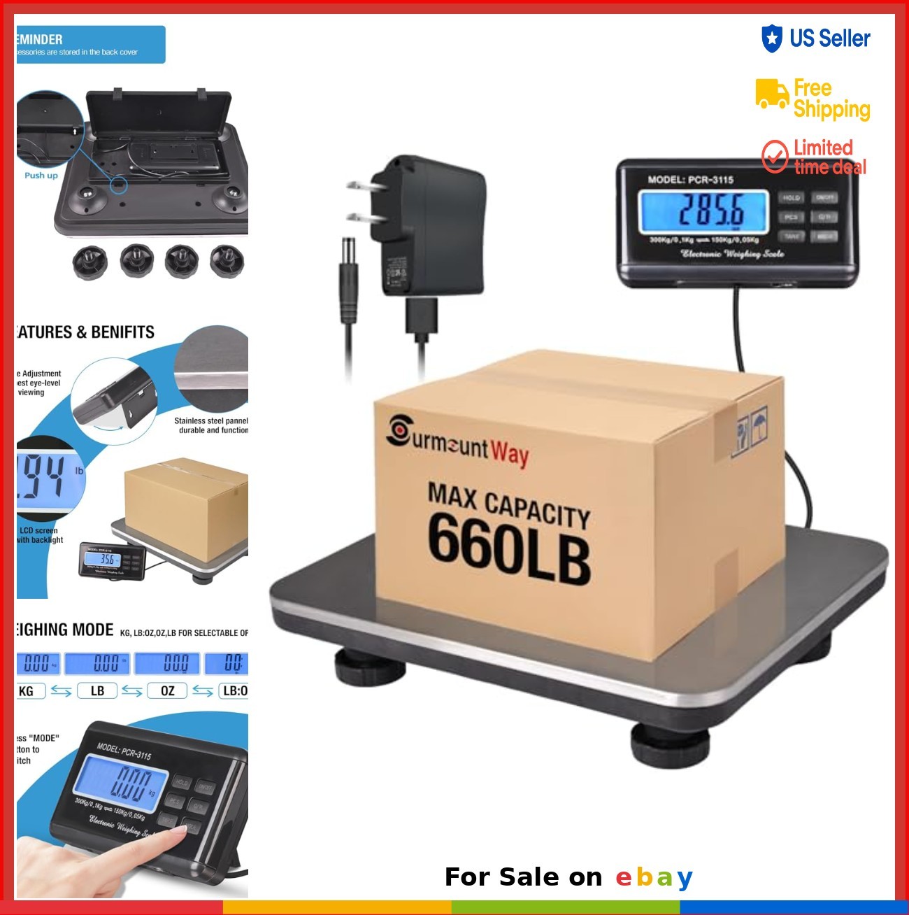 Digital Shipping Scale 660lb Stainless Steel Platform Backlit LED Display Heavy