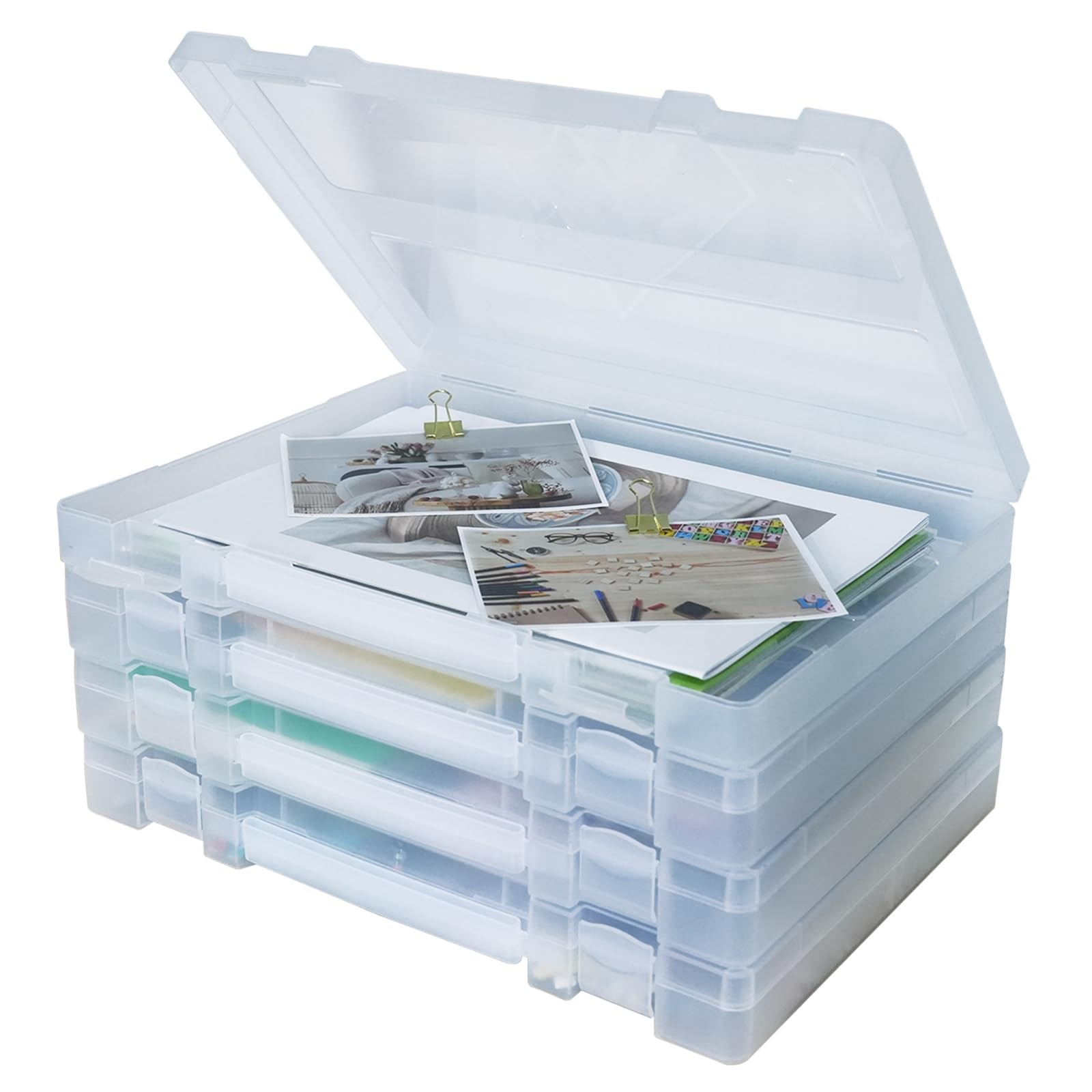 Scrapbook Paper Storage 4 Pack Stackable Craft Organizers Handle 8.5x11 Box