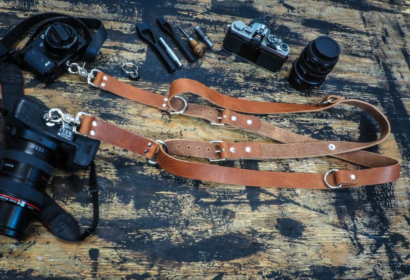 Leather Dual Harness Shoulder Strap Two Camera Adjustable Size Tan Saddle USA