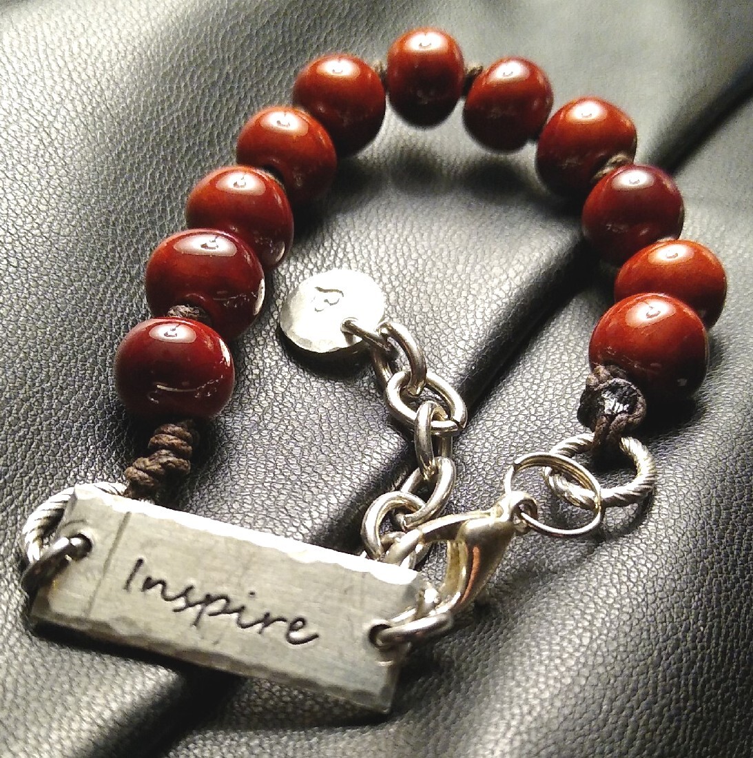 KHUTSALA Artisan Red Swazimud "INSPIRE" Bracelet Hammered Pewter Pre-owned!