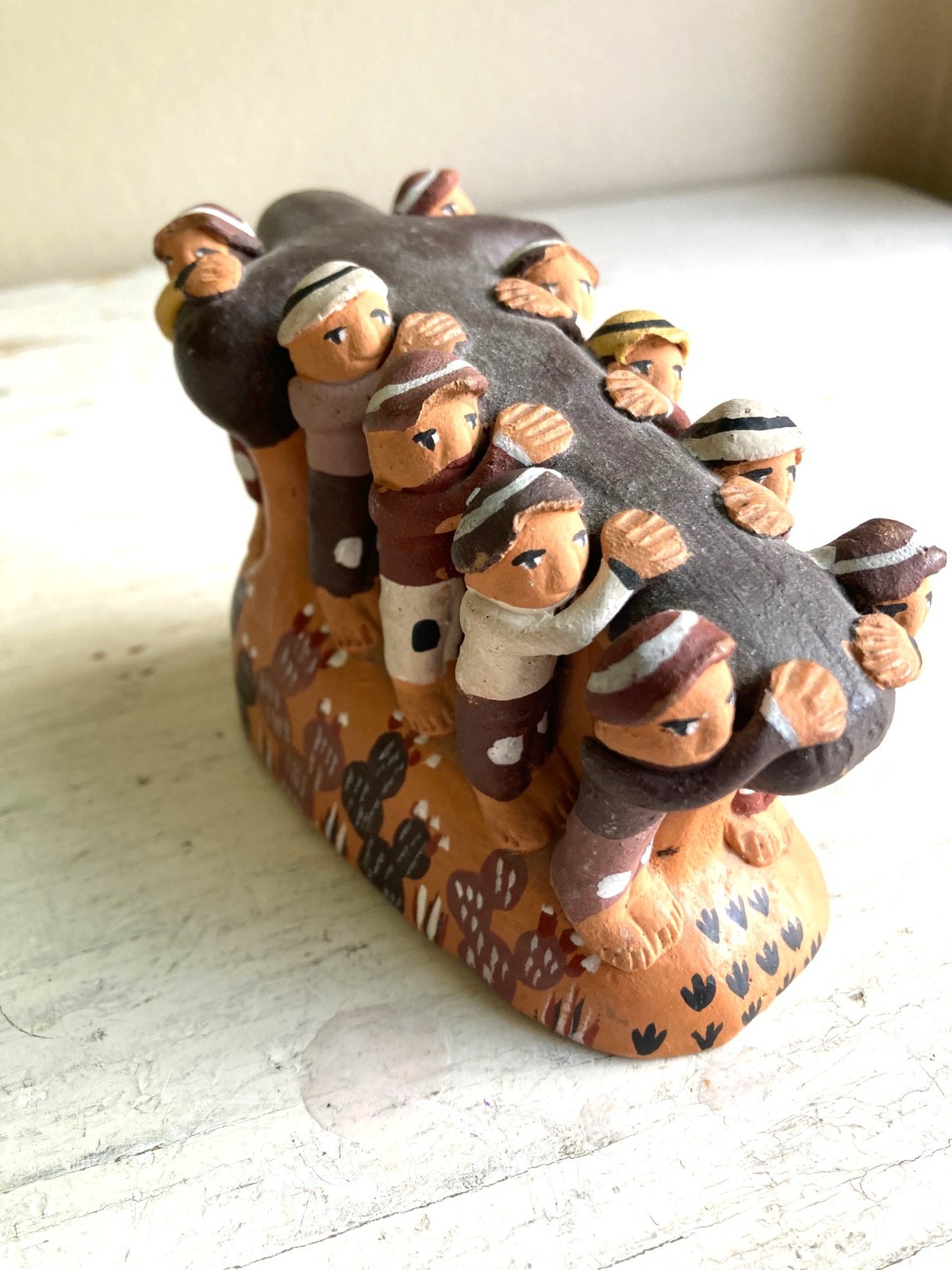 Hand Painted Men Carrying Cross at Festival Folk Pottery Figurine Made in Peru