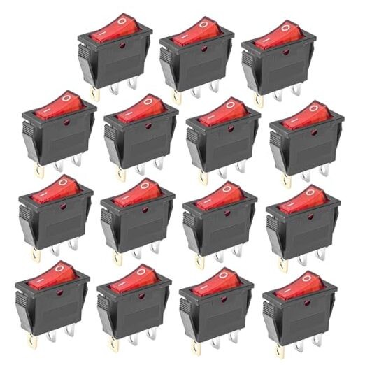 15Pcs KCD3-101 250V/15A, 125V/20A Red Light Illuminated LED On/Off SPST 3 black