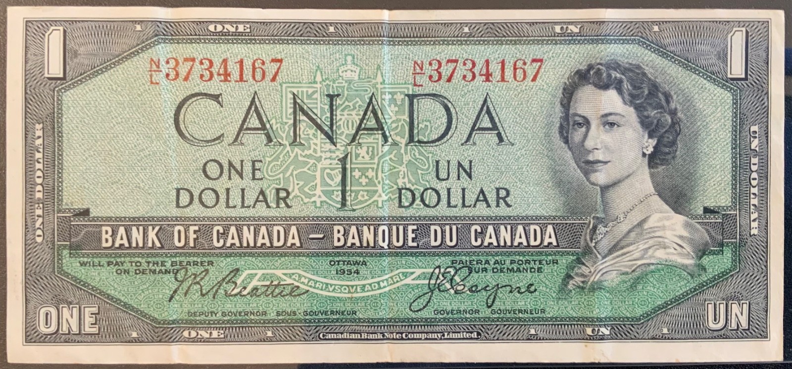 1954 CANADA PAPER MONEY - ONE DOLLAR BANKNOTE!