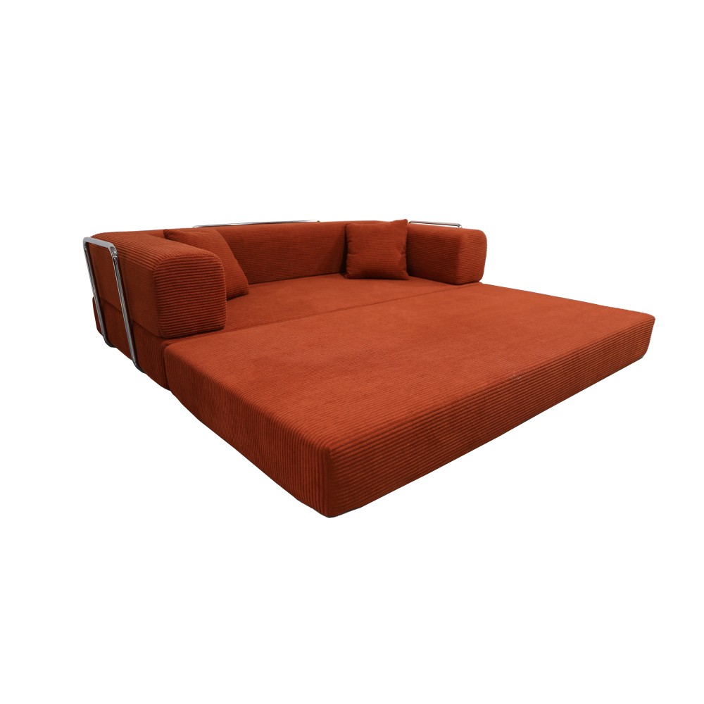 Sleeper Sofa Bed 2-Seater Convertible Couch Corduroy Foam Orange