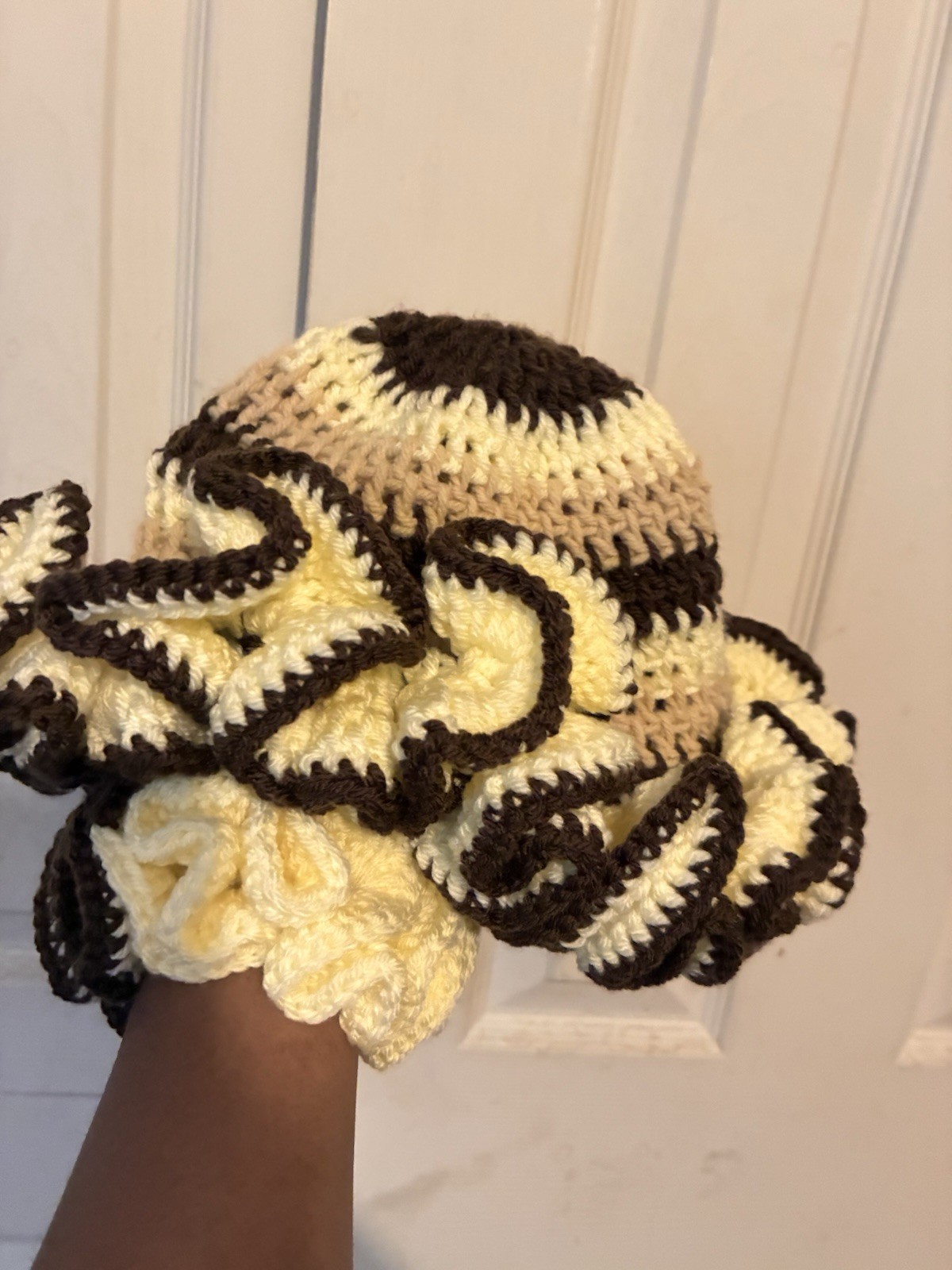 Handmade Crocheted Yellow Brown Ruffle Hat with Matching Scrunchie Set