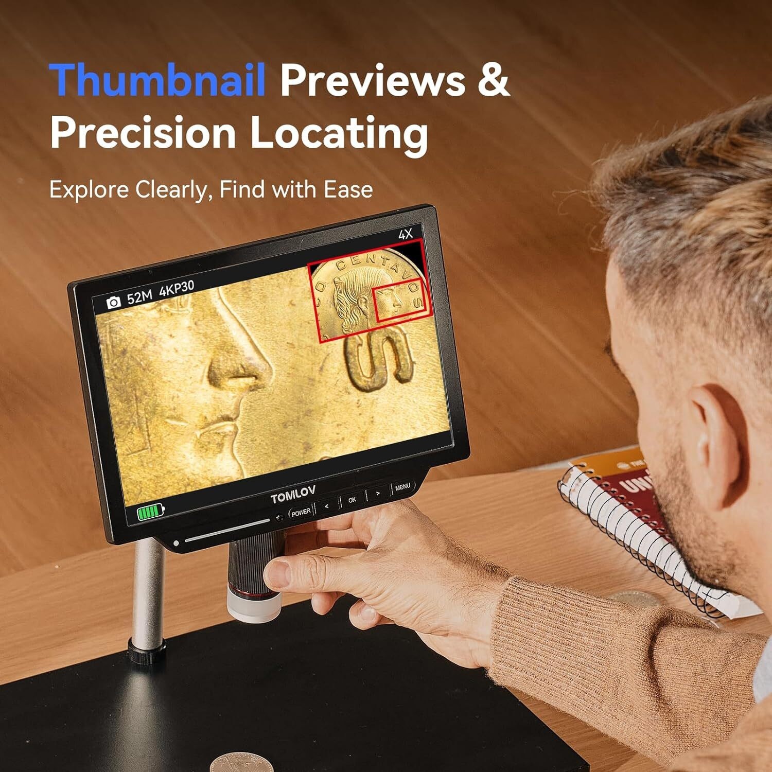 TOMLOV 10" 4K Digital Microscope 2000X USB Magnifier Coin Microscope