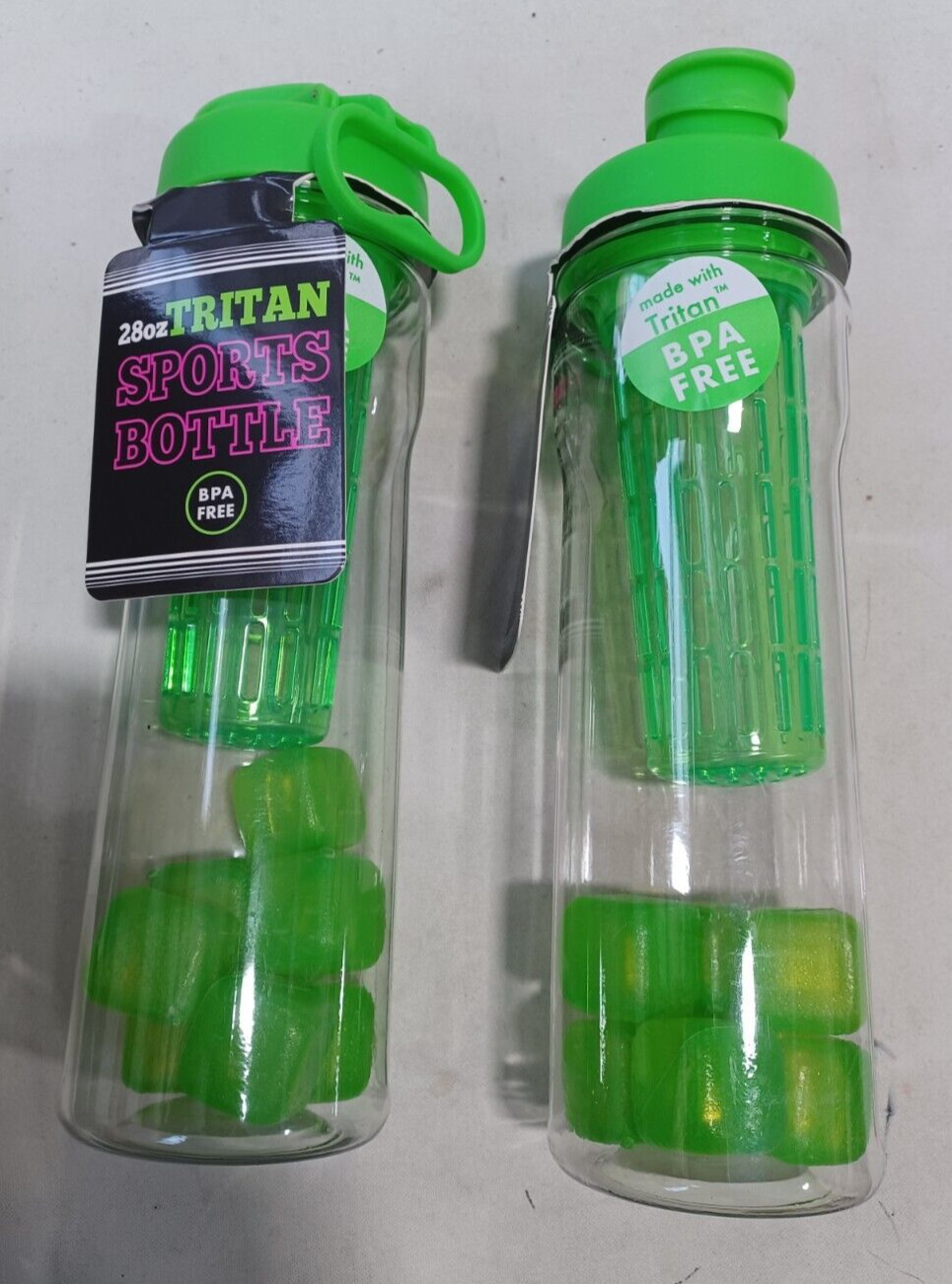 Lot of 2 Tritan Sports Water Bottles 28oz Green with Silicone Ice Cubes