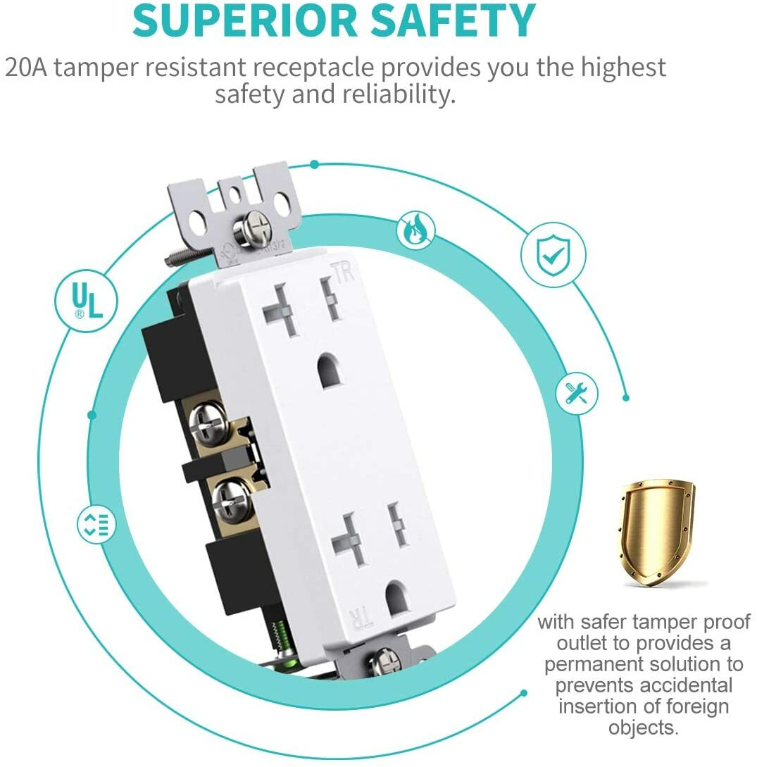 Outlet Socket, Decora Duplex Receptacle, 20 Amp 125 Volt Tamper Resistant 10pack