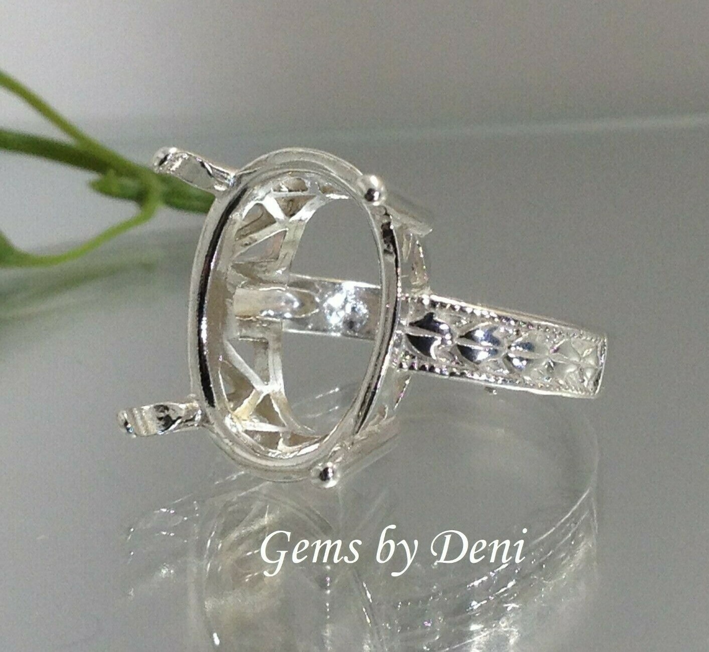 (7x5-18x13mm) Oval Engraved Shank Sterling Silver Ring Setting Size 7