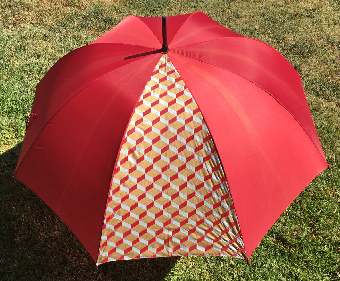 Aramis Rain Umbrella Handle Brown LARGE RED Top Design With a Yellow Side Piece