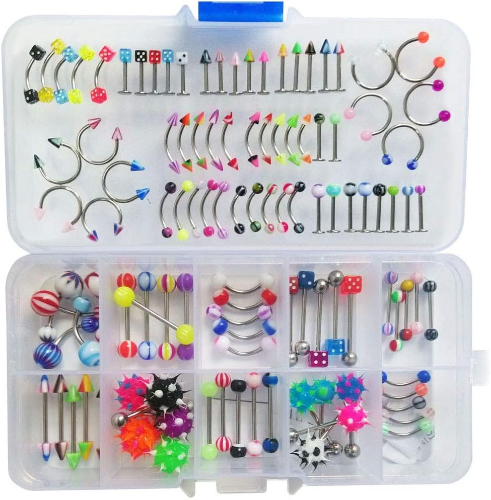 110 Pcs Body Piercing Jewelry Kit, No Duplicates, 22 Styles, 14G-18G