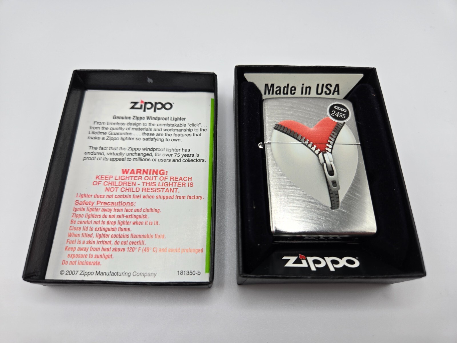 New ZIPPO Lighter Crome Red and White Zipper Heart 28327 USA D12