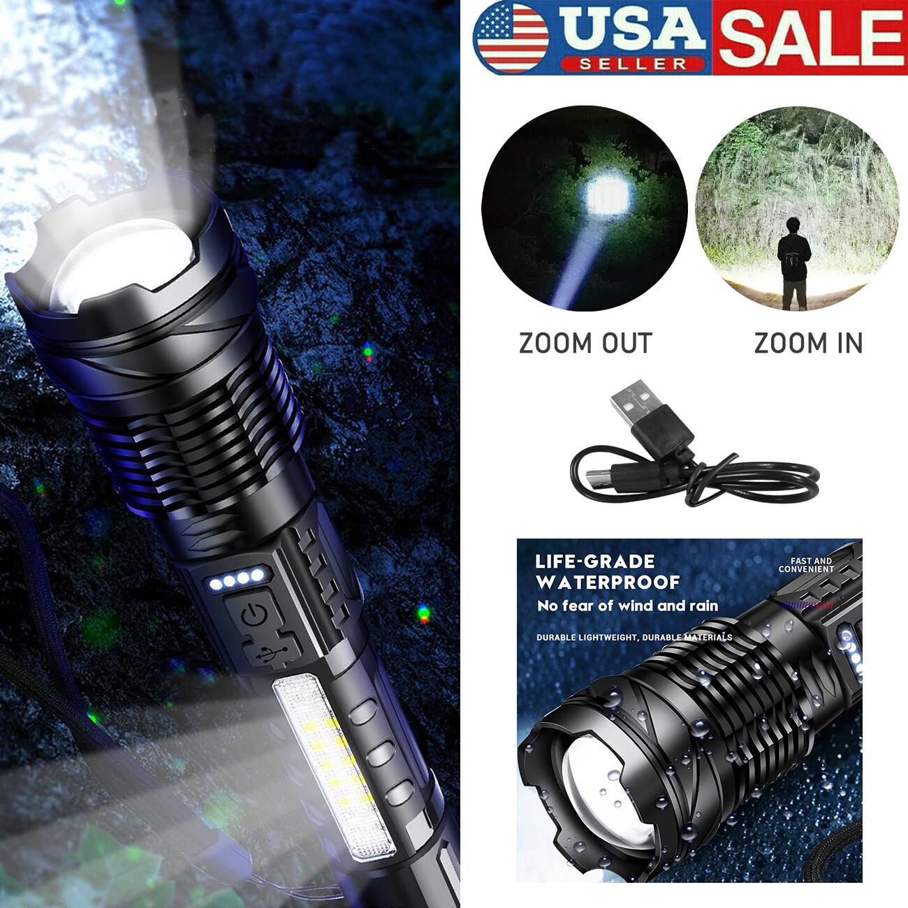 Rechargeable LED Flashlight Tactical Super Bright Torch Light 3 Lighting Color