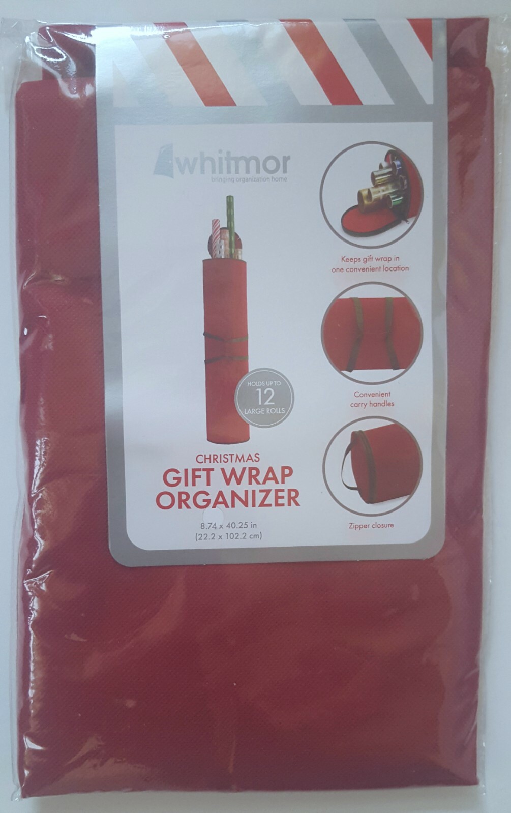 Whitmor Chistmas Gift Wrap Organizer Red Holds 12 Large Rolls Handles Zipper NEW