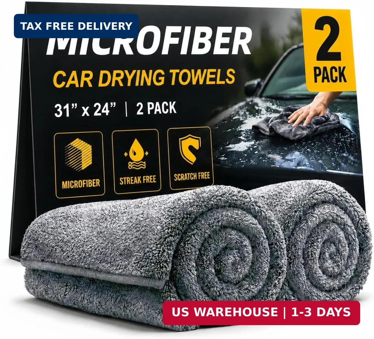 2 Pack Professional Large Microfiber Car Drying Towels (31" x 24"), Scratch Free