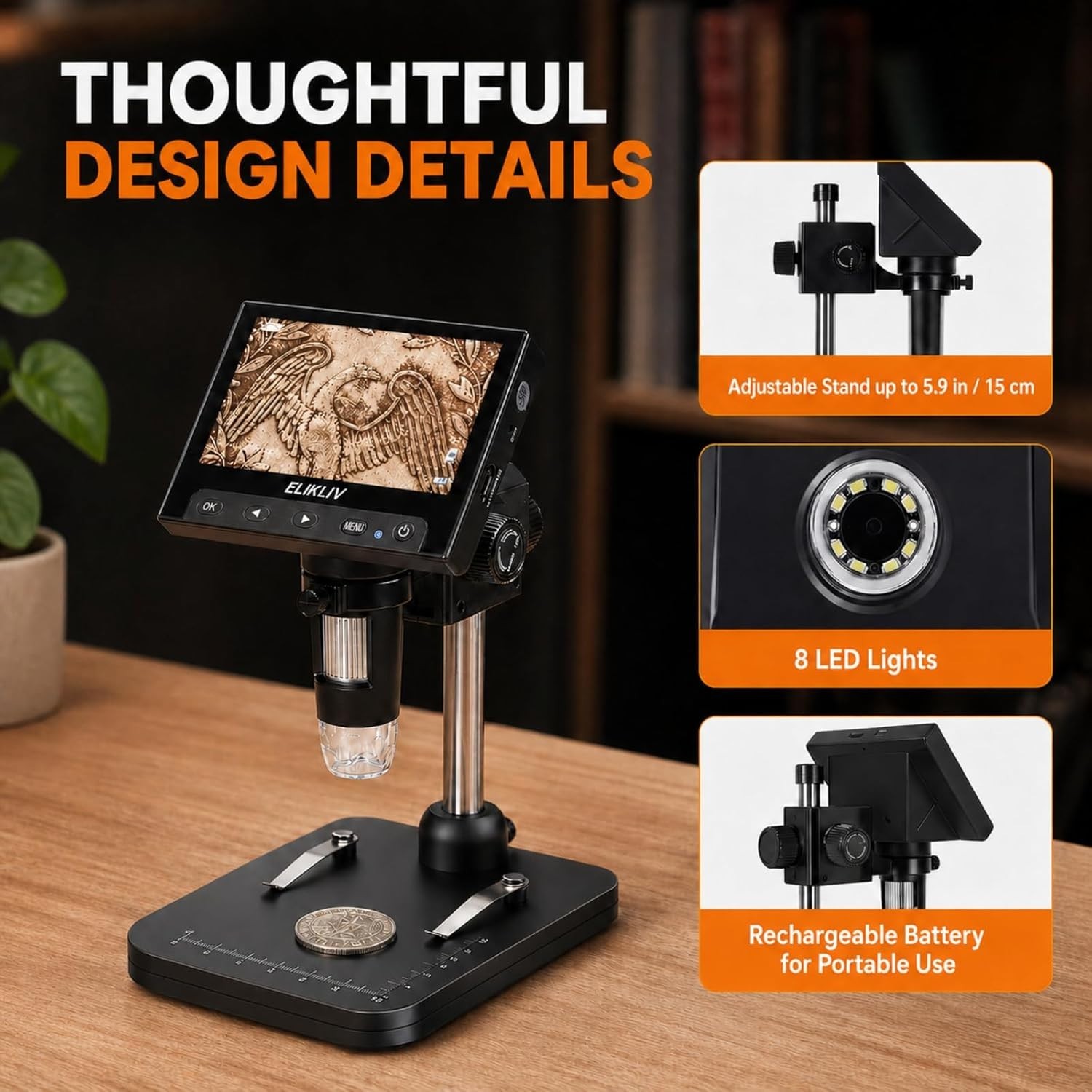 Digital Coin Microscope 4.3'' LCD 1000x Magnifier with LED Lights PC Compatible
