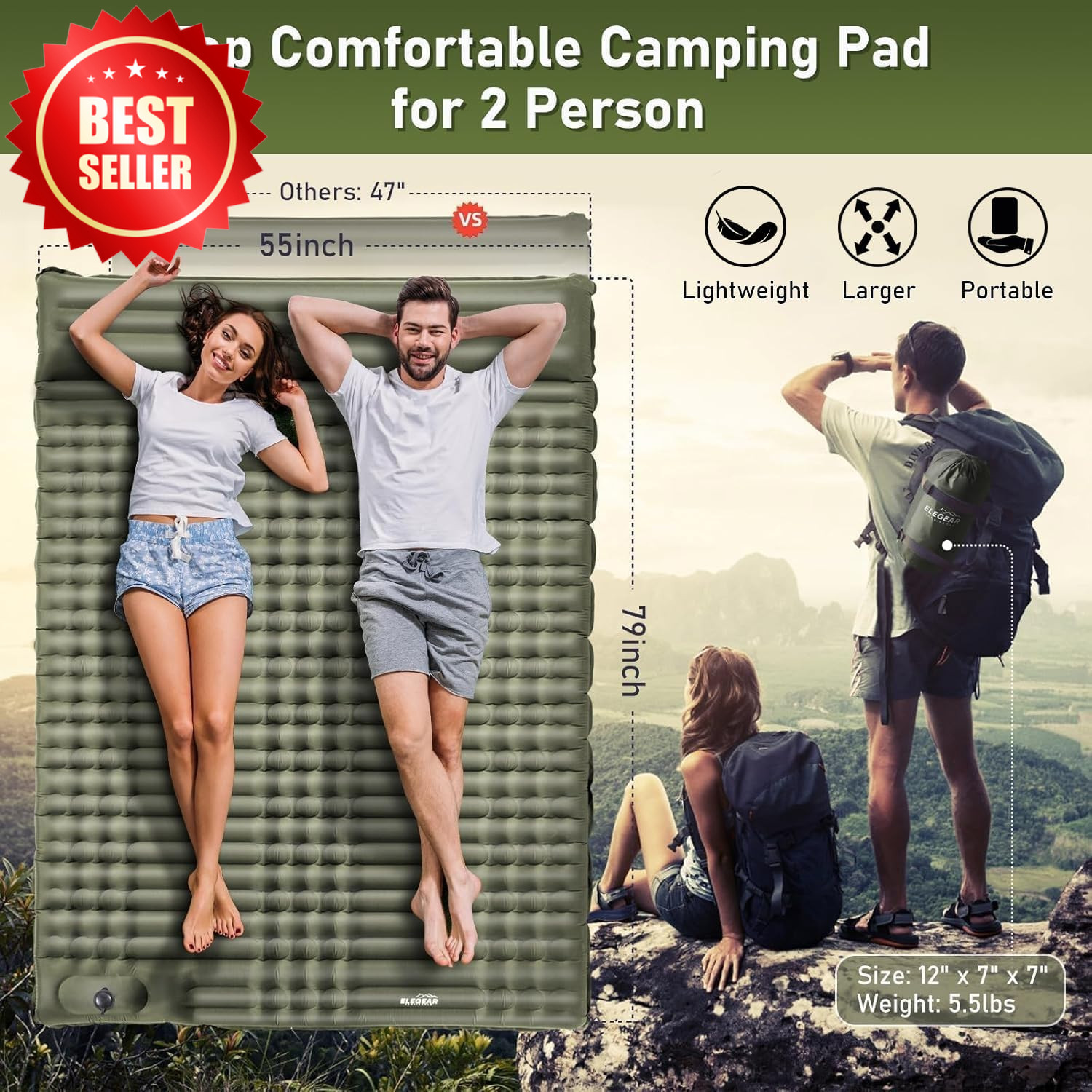 Double Camping Sleeping Pad 4.7" Thick Self Inflating Built-in Pump US