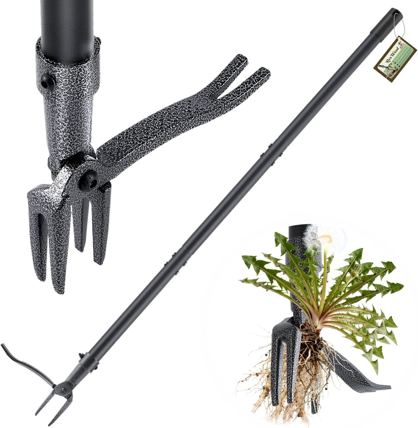 RexWeed Stand Up Weed Puller Tool, 46" Adjustable All-Metal Long Handle Black