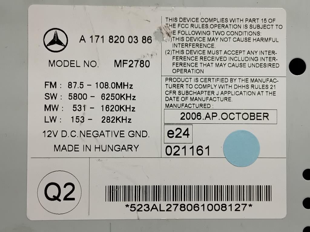 Radio For Mercedes SLK W171 Series 2 A1718200386 271944 (04>11)