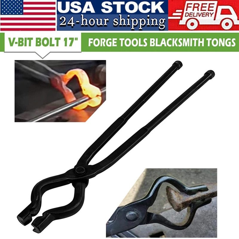 17 inch Blacksmith V-Bit Bolt Tongs Bladesmith Knife Making Wolf Jaw Anvil Forge