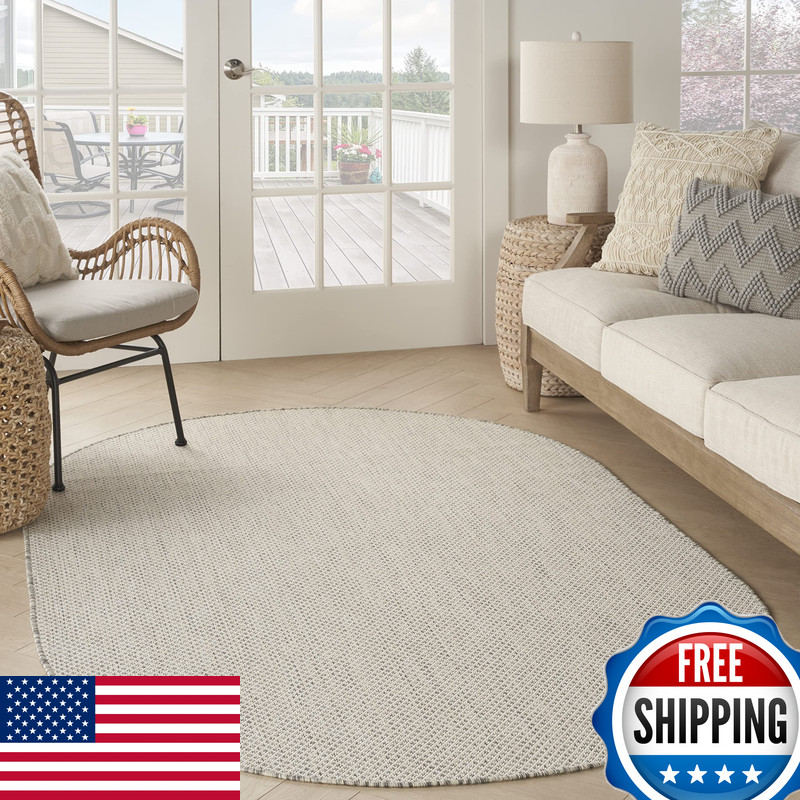 Nourison Home Courtyard Ivory Silver 6 X 9 Oval Area Rug - Easy Clean Non