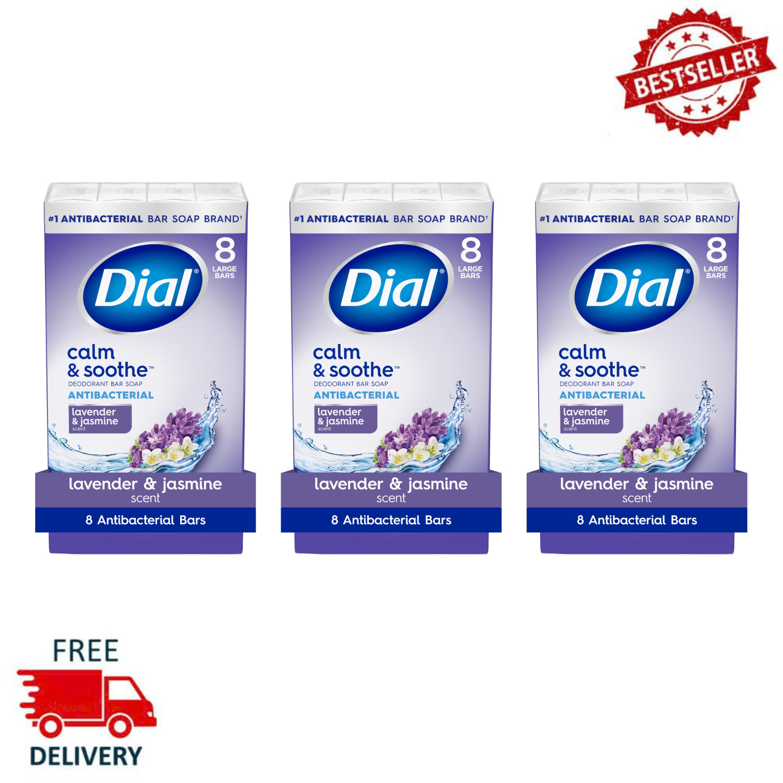 Dial Antibacterial Bar Soap Calm Soothe Lavender Jasmine, 4 oz, 8 Bars (3 Pack)