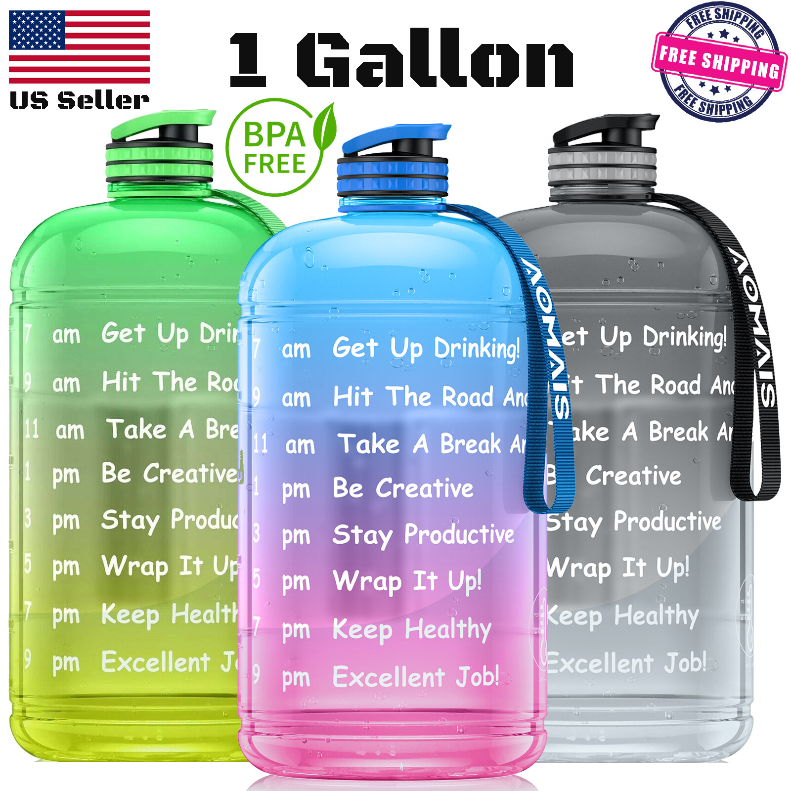 1 Gallon/128 oz Water Bottle w/ Straw Gym Training Fitness Jug Motivational Time
