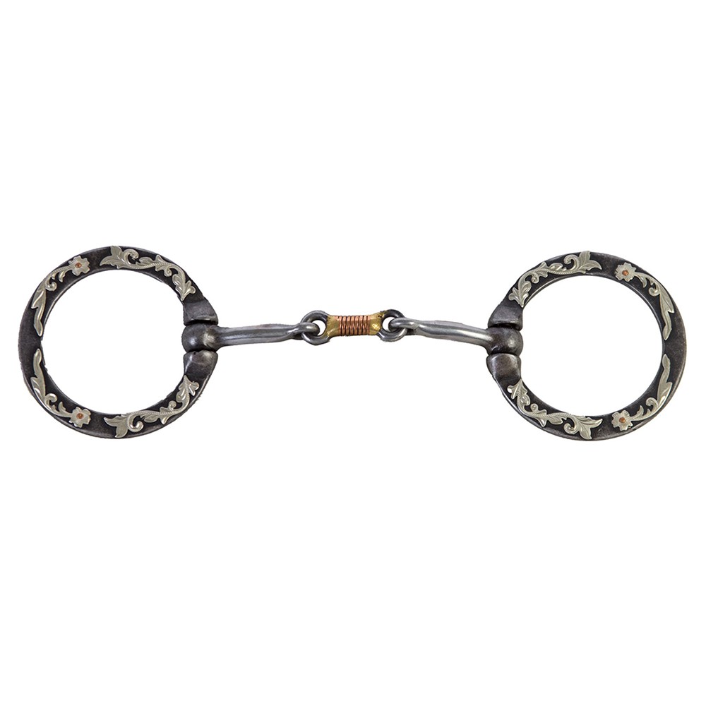 Hilason Steel Dogbone Ring Snaffle Bit Hand Engraved Floral Aged Steel Horse