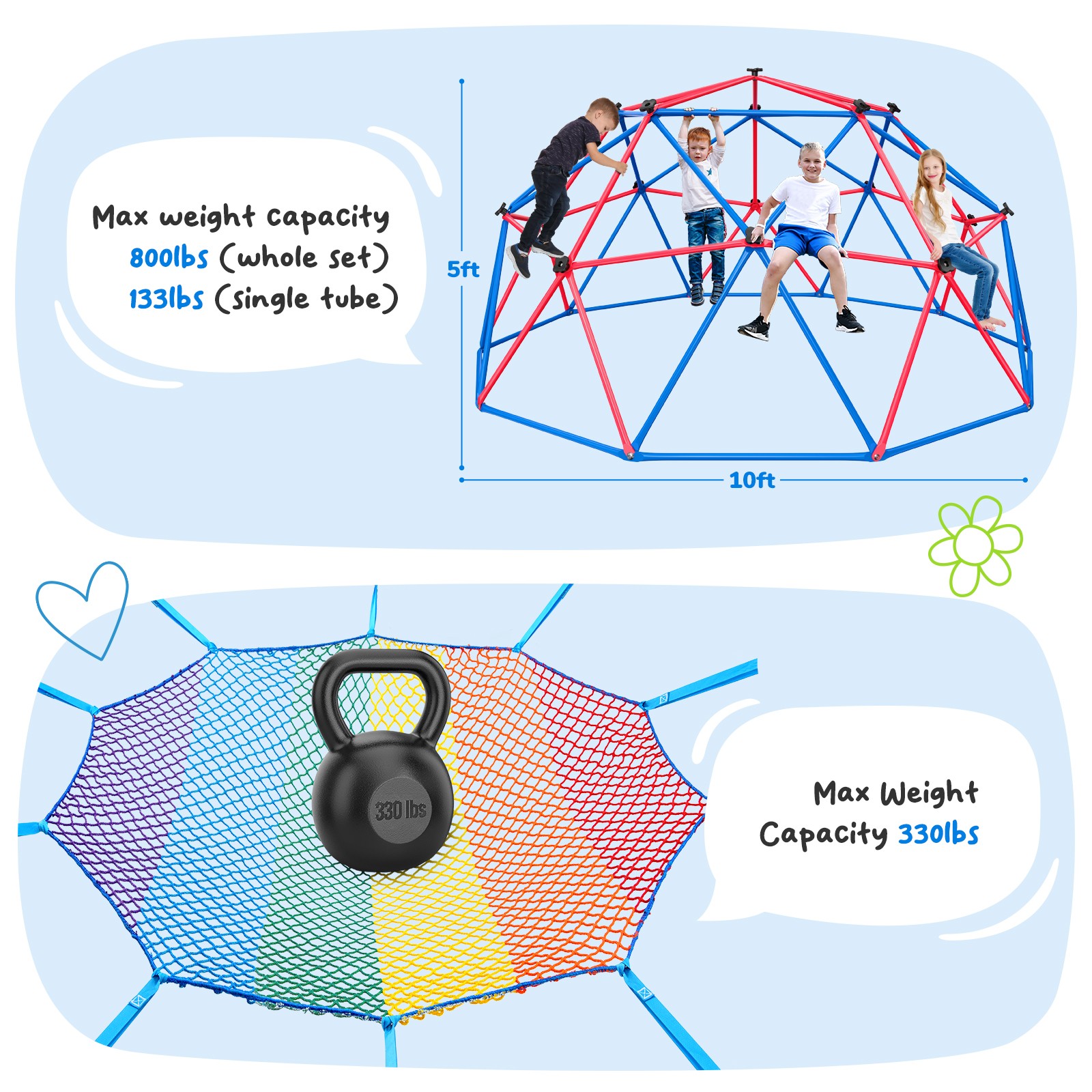 Hapfan Climbing Dome 10FT with Climbing Cargo Net Monkey Bars for Backyard Lawn