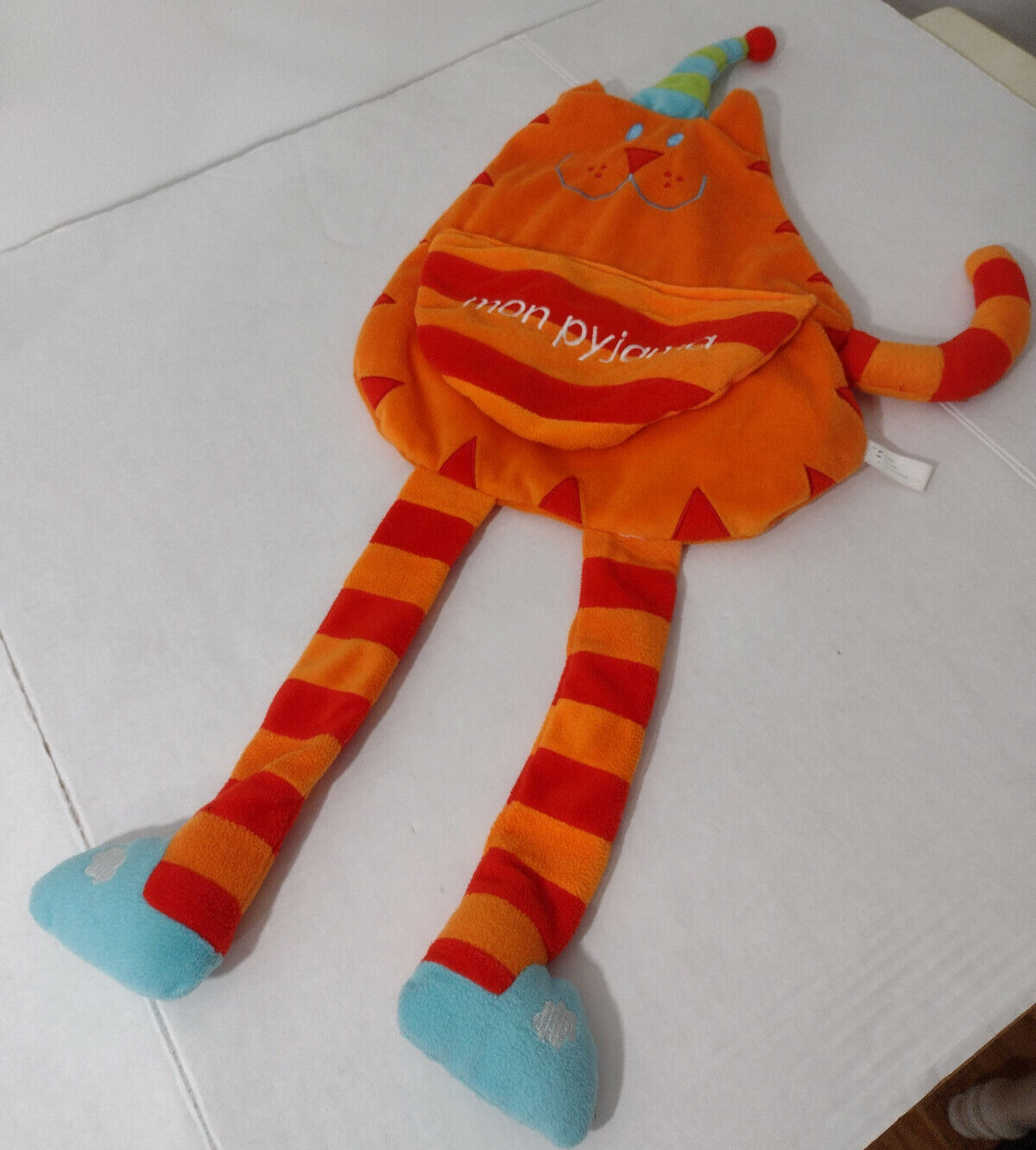 French Pajama Bag Striped Cat Fleece Zippered Long Legs Orange Smile