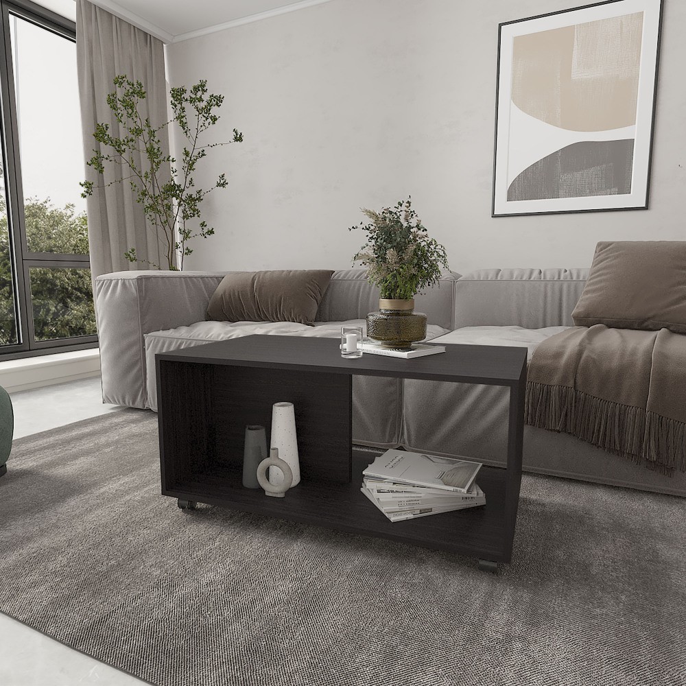 Gu Oidak Coffee Table Wengue with Open Storage and Caster Wheels