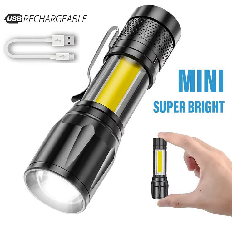 Mini LED Flashlight Black USB Rechargeable Handtool lamp Camping Tourch 2 pack