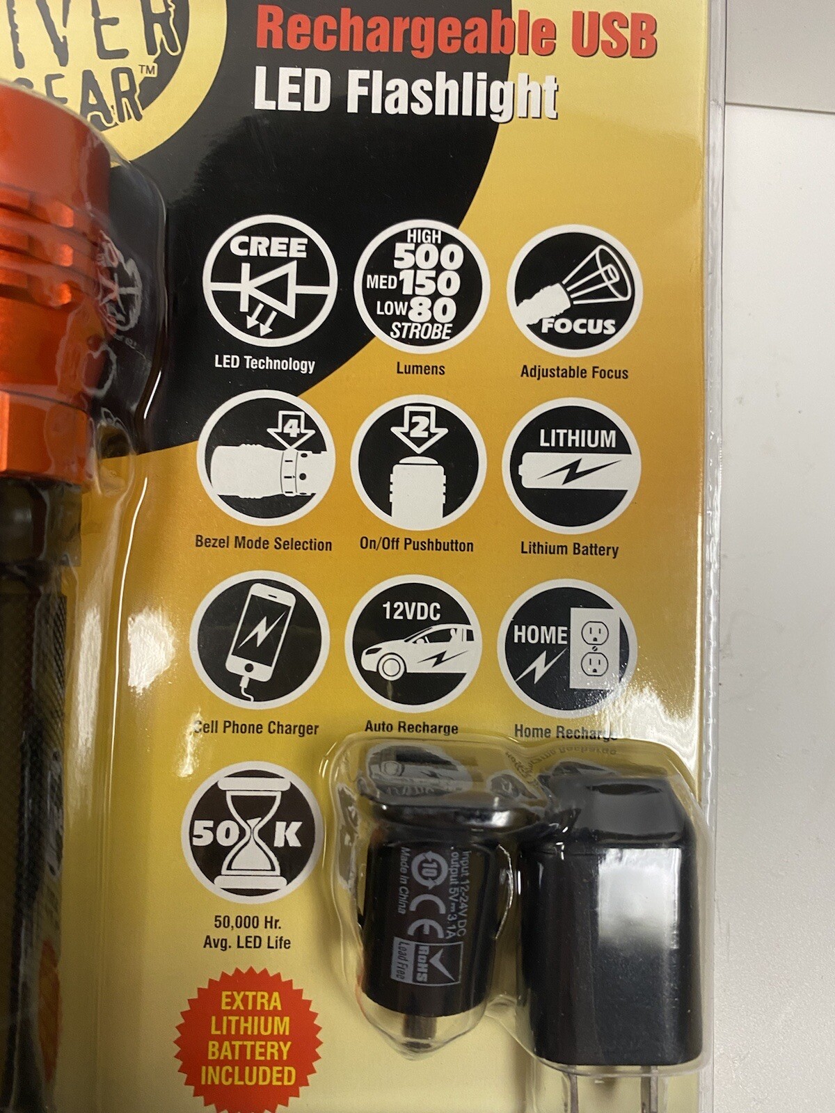 Stone River Gear SRG3RUSB Black/Orange USB Rechargeable CREE LED Flashlight NEW