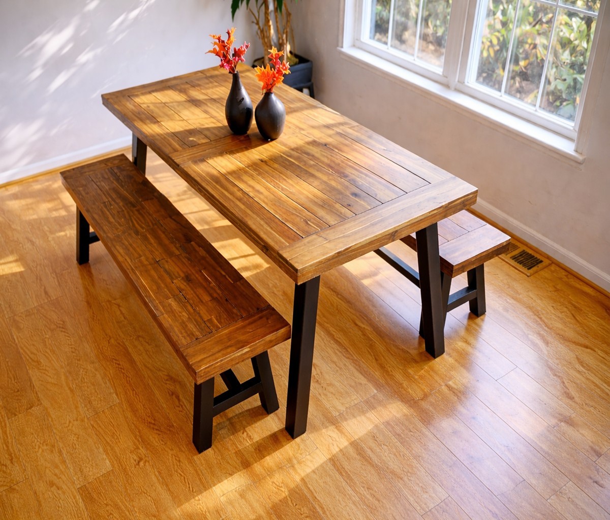 Industrial Solid Wood & Metal Legs Dining Table Bench Set Kitchen Breakfast Nook