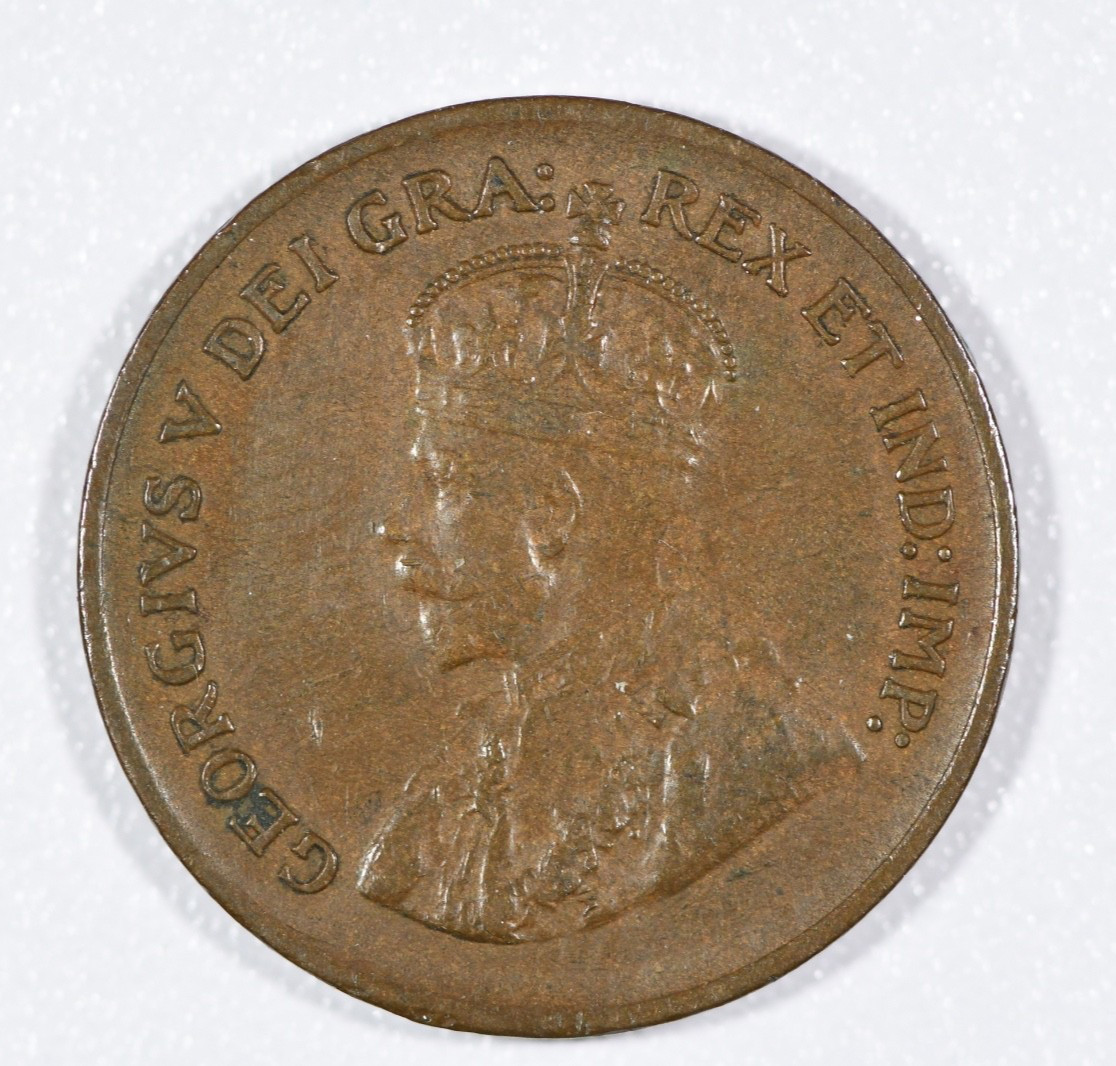 1929 "George V" 1-Cent Bronze Coin (Low "9"), KM #28, Extra Fine