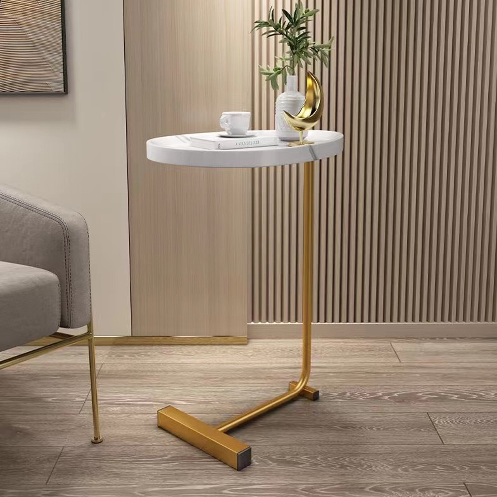 White C-shaped Side Table, Small Sofa Table