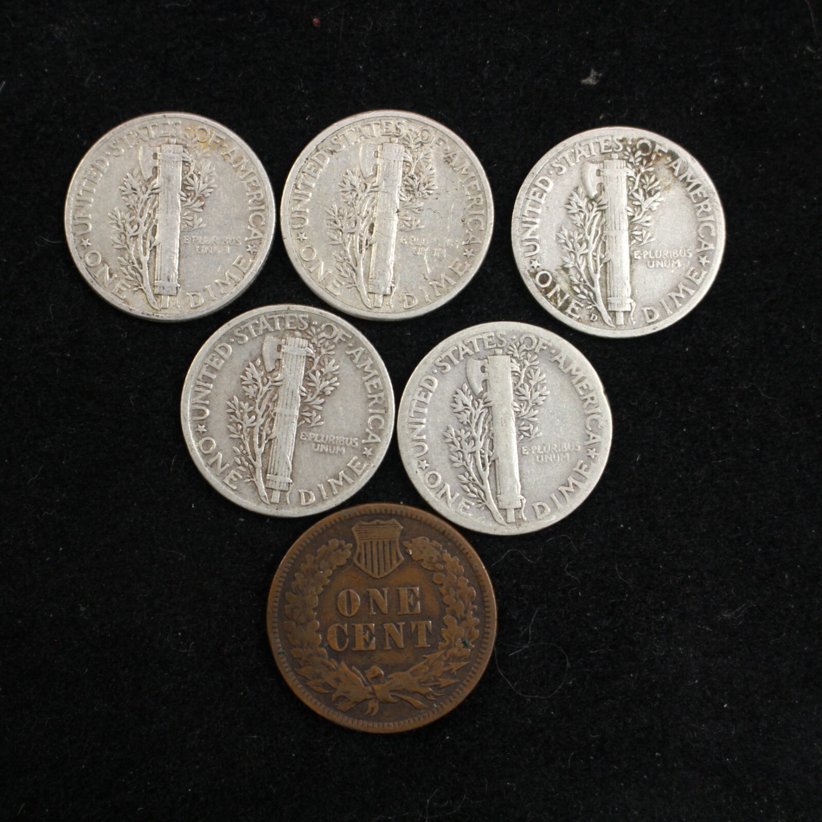 5 Mercury Silver Dimes & 1 Indian Head Cent - No Culls, Readable Dates