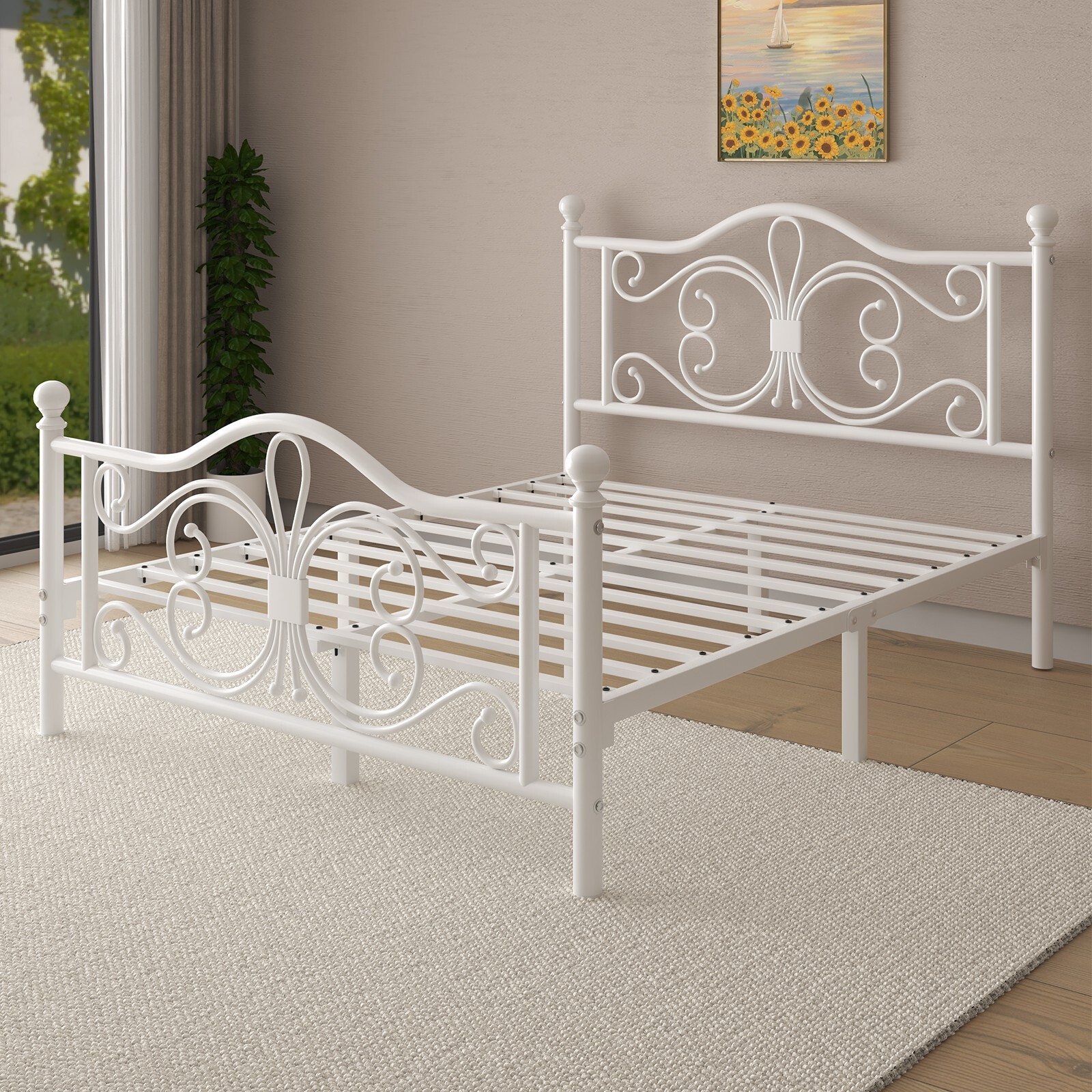 Queen Size Bed Frame with Butterfly Pattern Design Strong Metal Slats Support