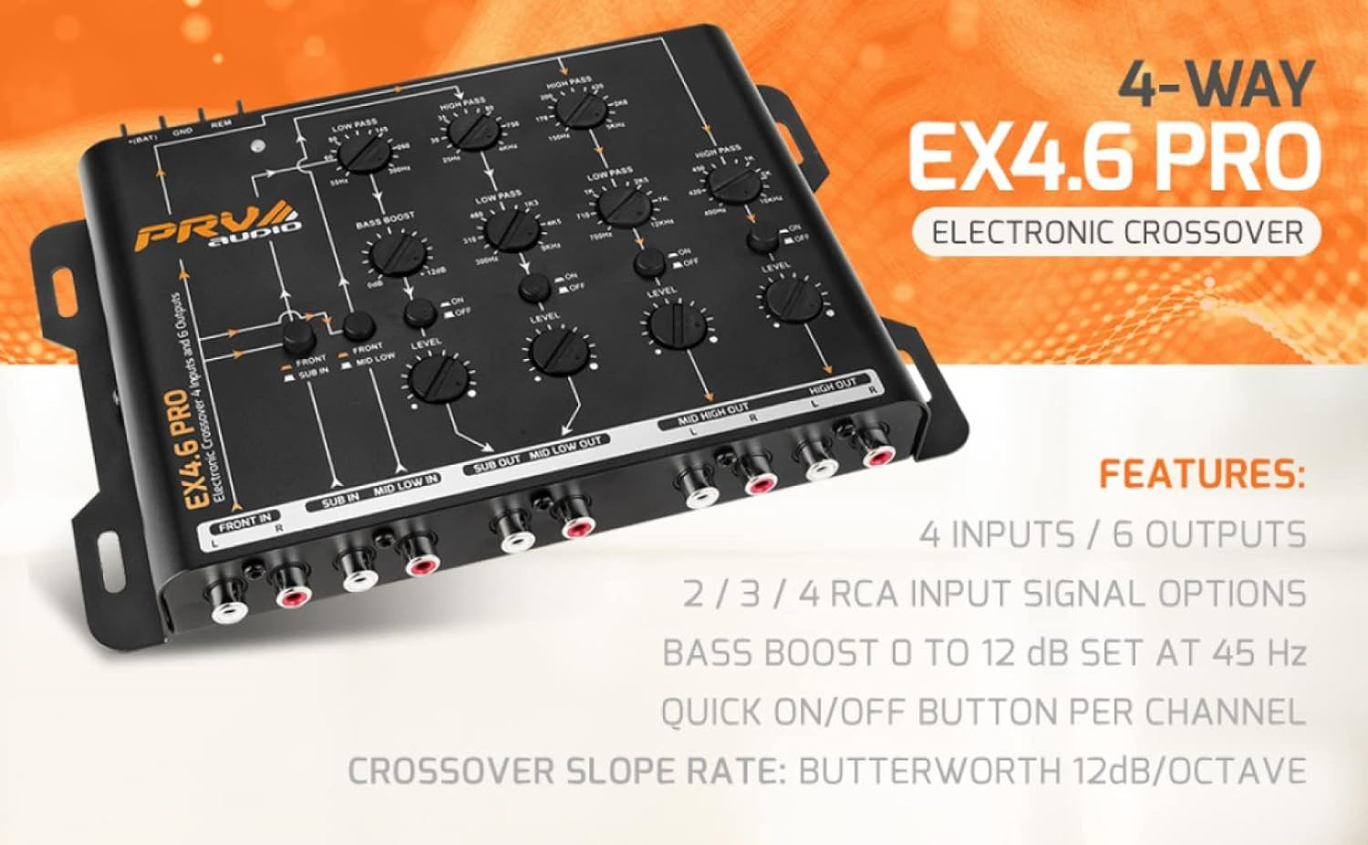 Crossover Car Audio EX4.6 PRO 4 Way or 3 Way Electronic Crossover 9 Volts, 4 in