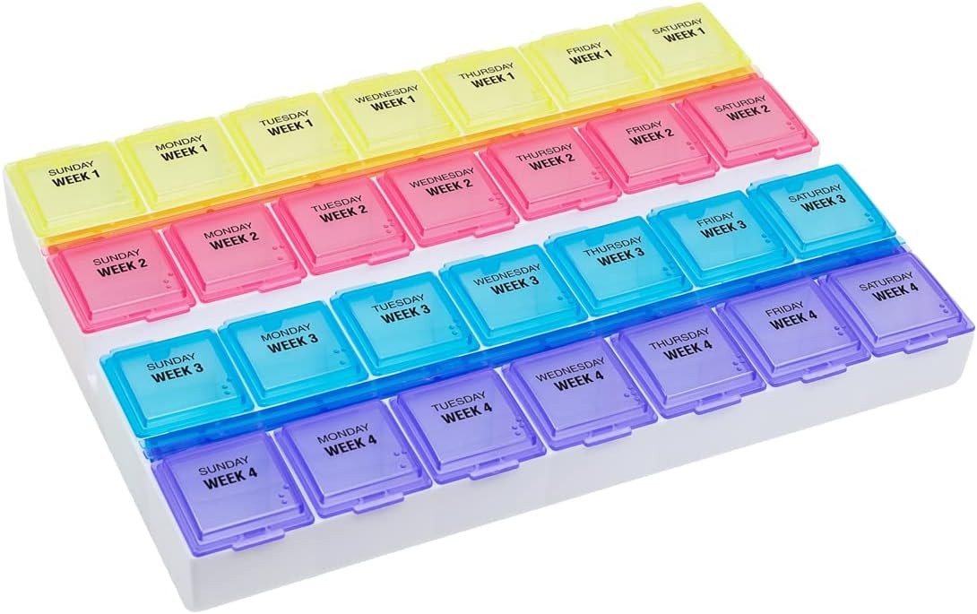 Monthly (28-Day) Pill Case, Daily Medicine Planner, Vitamin Organizer,