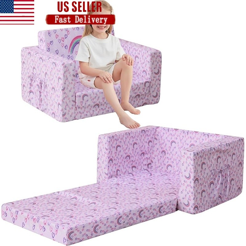 2-in-1 Kids Sofa Bed Portable Toddler Chair Comfy Lounger Washable Cover New