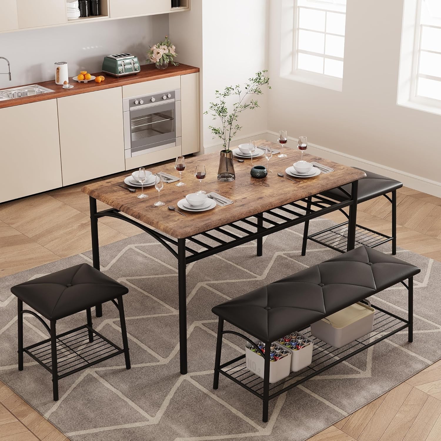 Dining Table Set 4 Kitchen Table W/ Upholstered Bench & 2 Chairs Kitchen Table