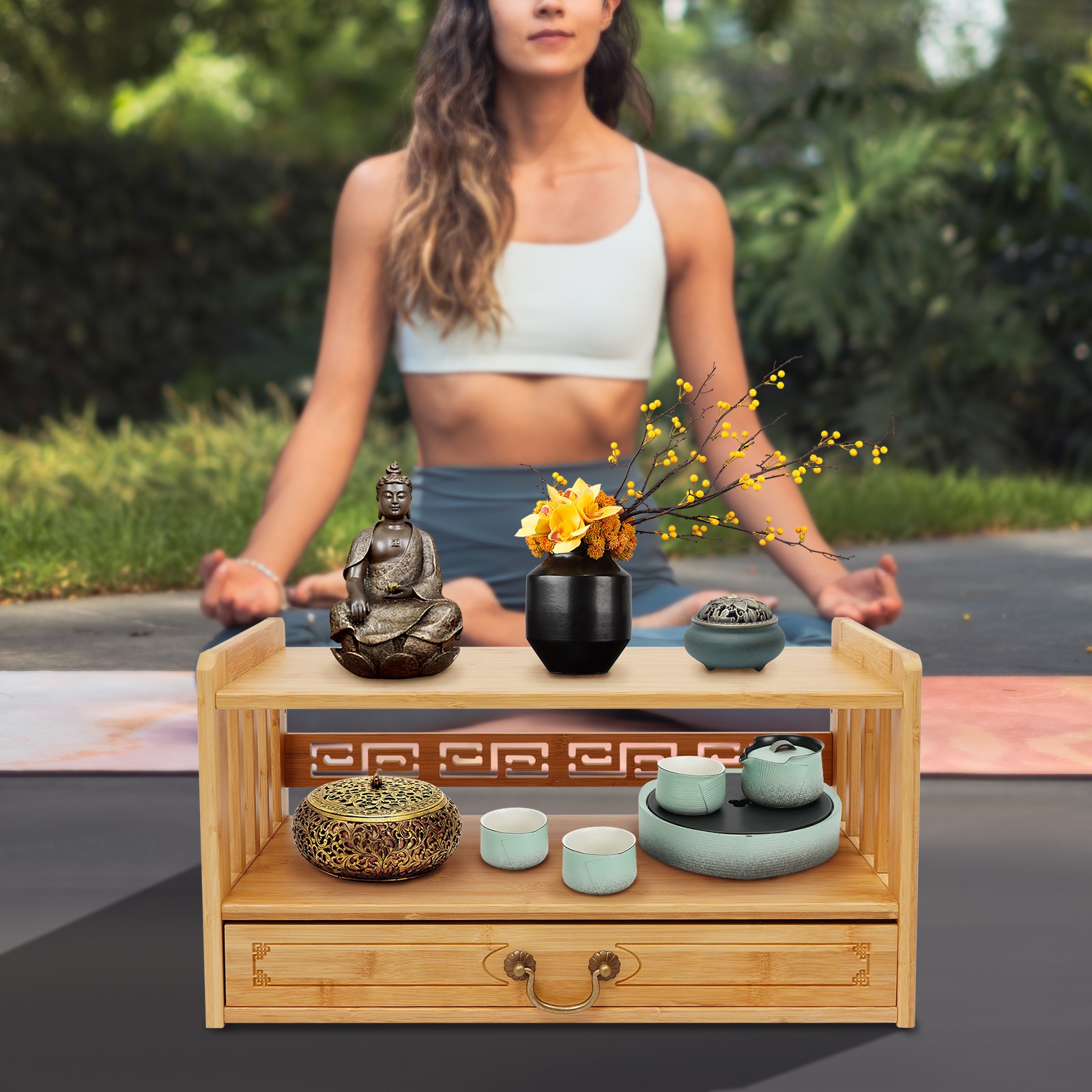 Meditation Storage Table with Drawer, Bamboo Desktop Organizer Chinese Style