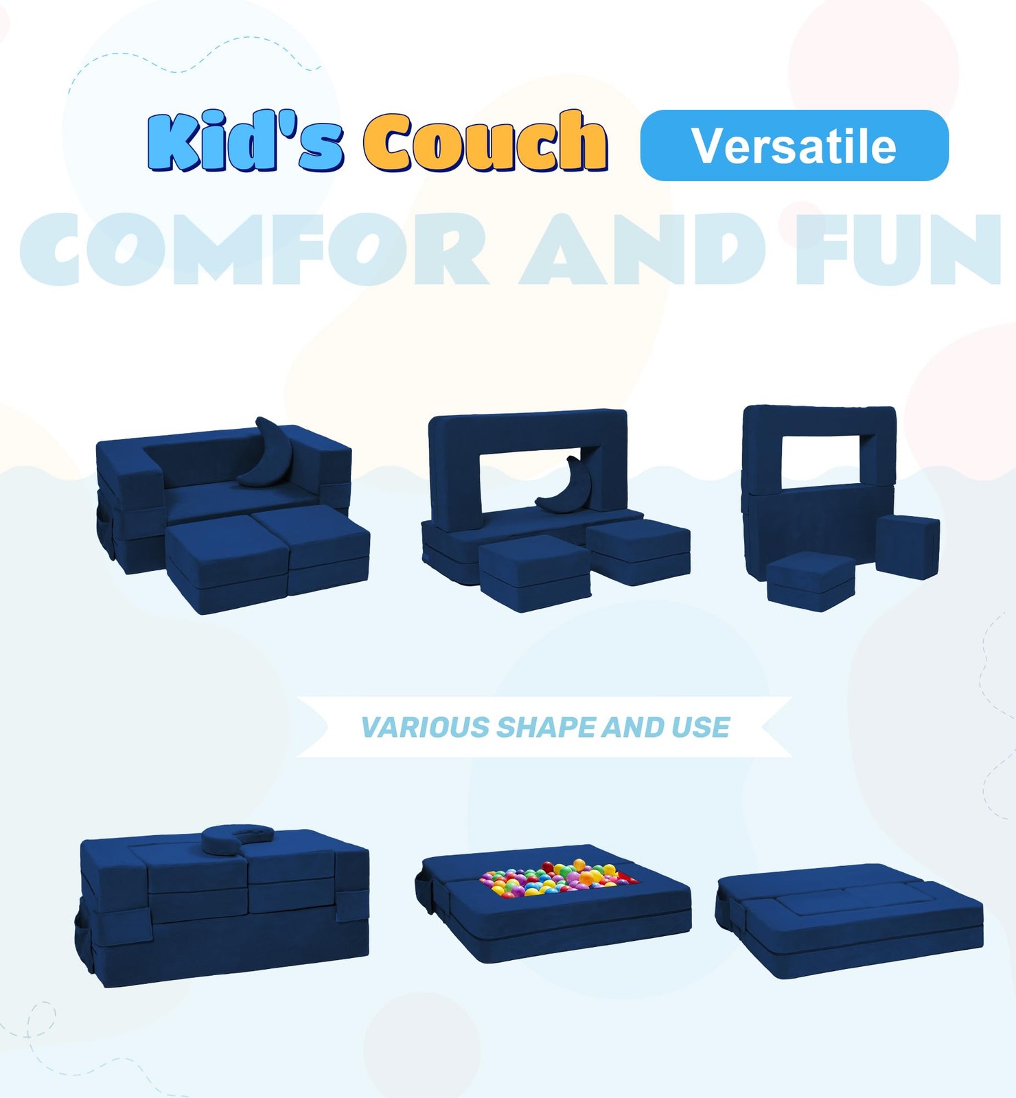 Modular Kids Sofa,Toddler Couch Foam Armchair for Kids, Children Convertible Plu