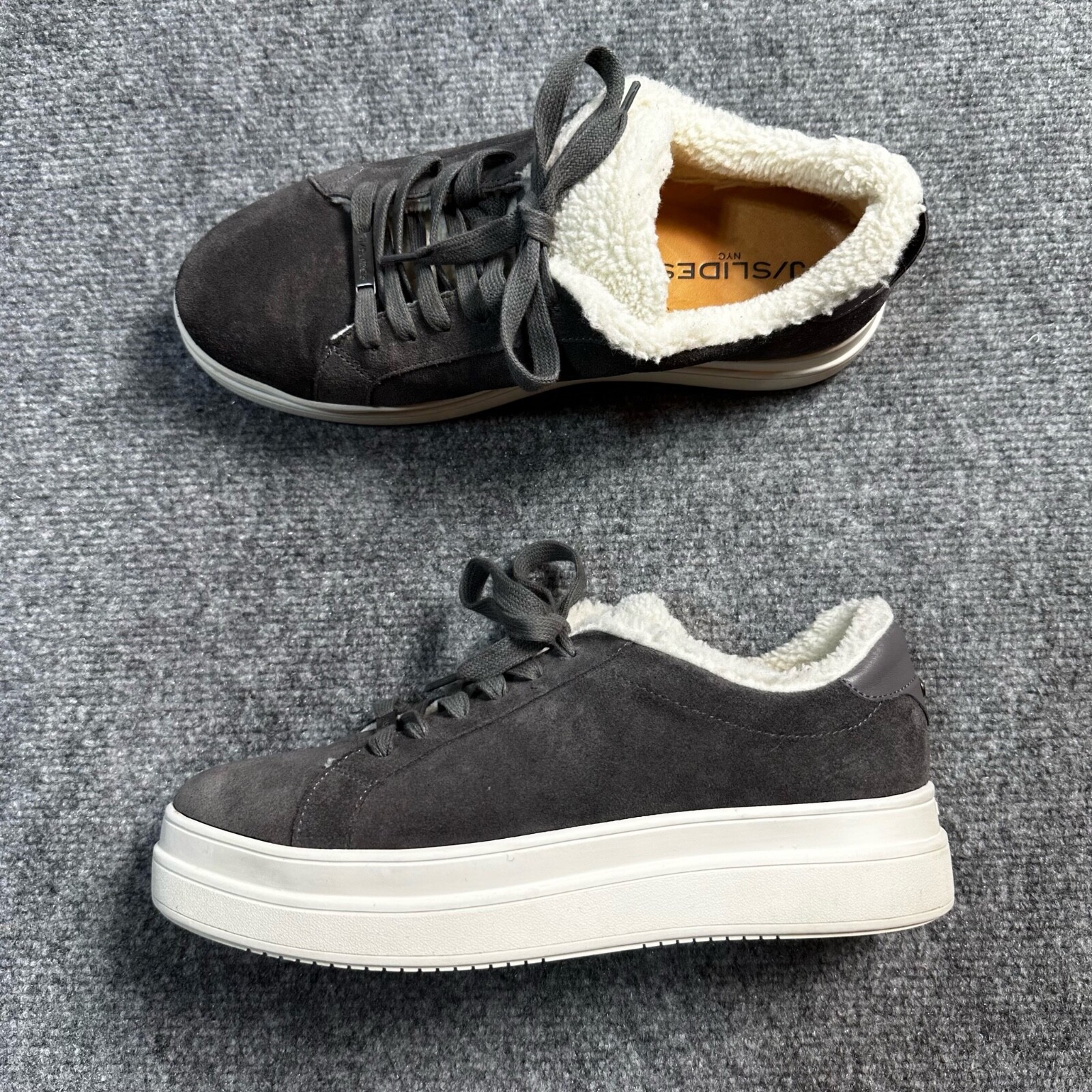 J/Slides Shoes Womens 8.5 Grey Suede Faux Fur Lined Lace Up Platform Sneakers