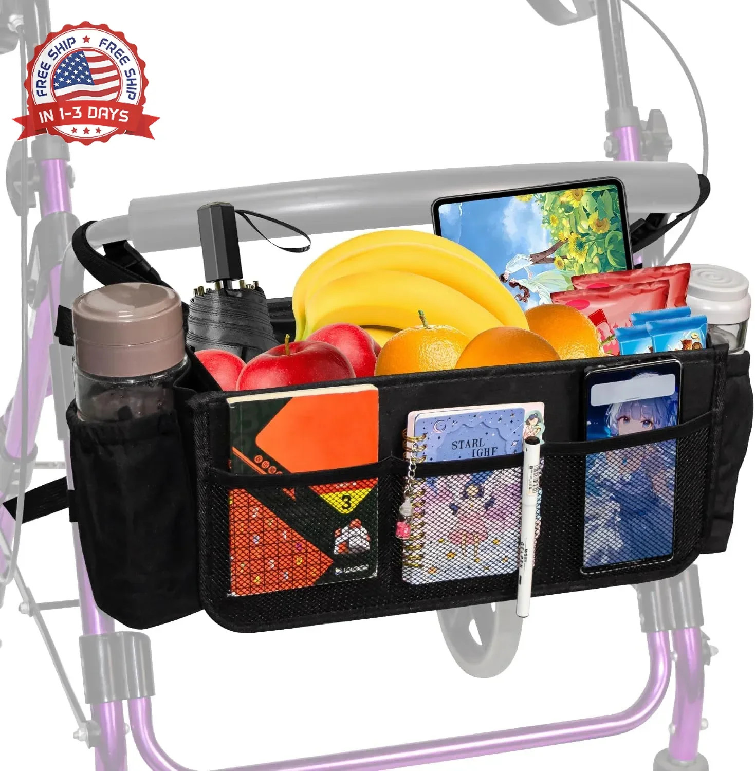 Upgraded Rollator Basket with Cup Holder,Walker Basket,Large Walker Accessories