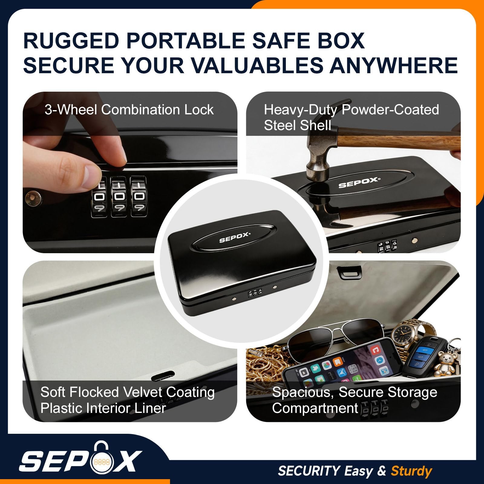 SEPOX® Water/Fire-Resistant Portable Security Case Lock Box 1pcs, Black