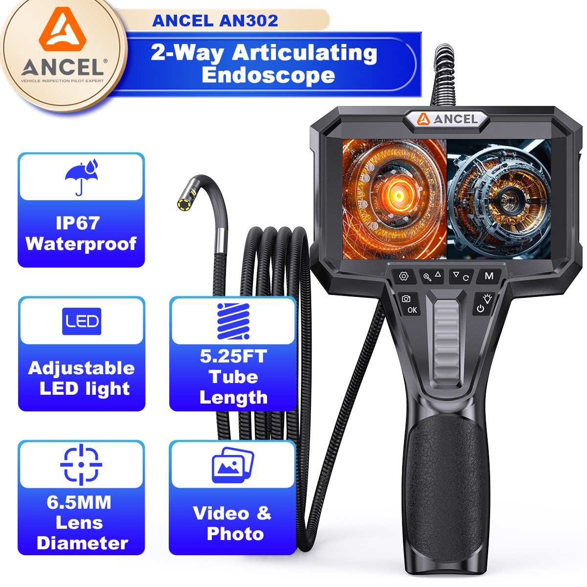 AN302 Dual Camera Endoscope 210° Two-Way Articulating Borescope 4.3" HD Screen