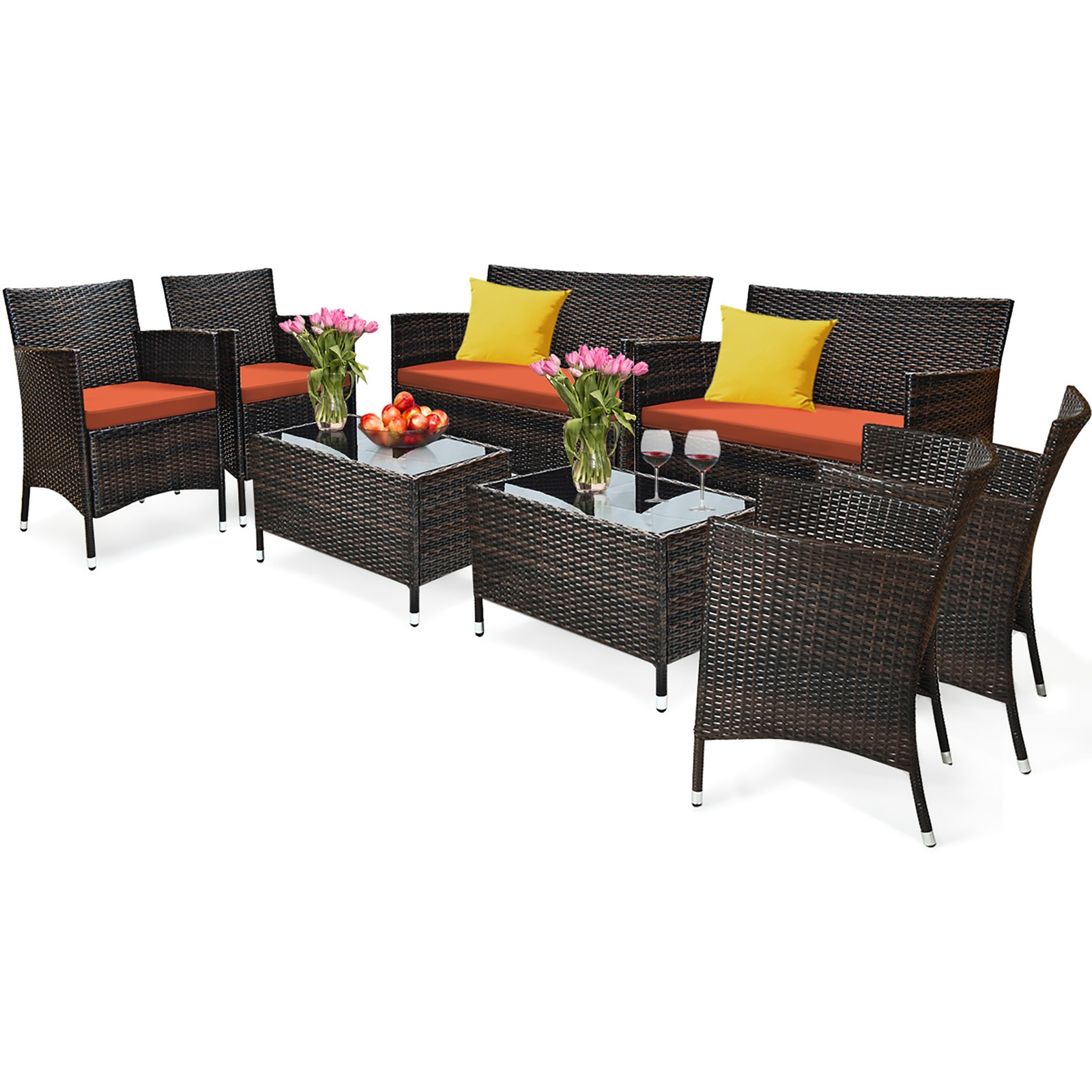 8PCS Patio Rattan Conversation Furniture Set Outdoor w/ Orange Cushion