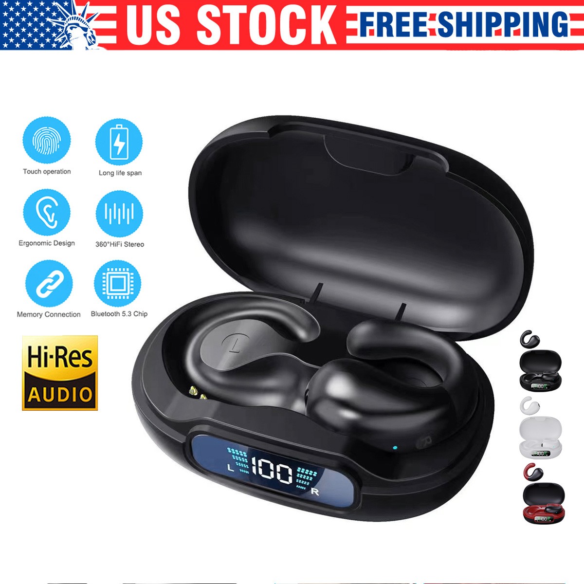 Wireless Clip-On Earbuds Bluetooth 5.3 No Power Loss Comfortable Fit 6H Playtime